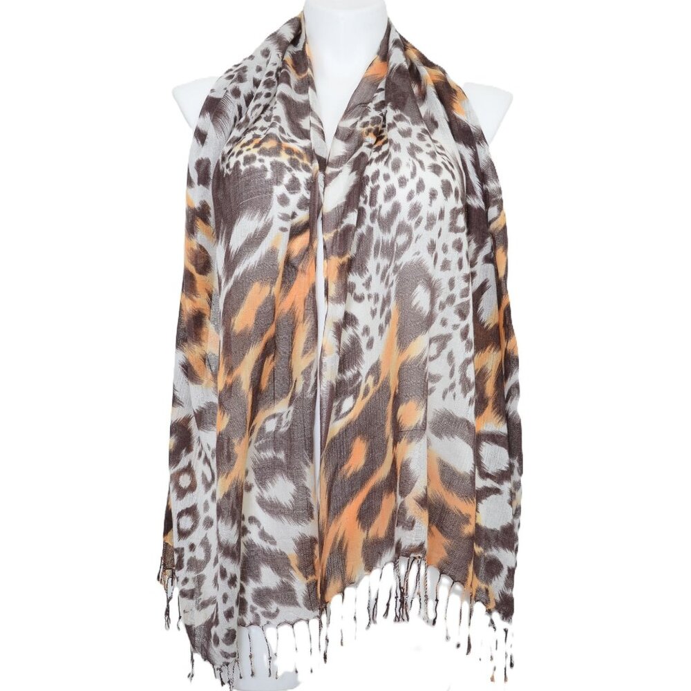 Chico's Wool Blend Animal Print Fringed Scarf Wrap Sarong 63" x 22" Travel Offic